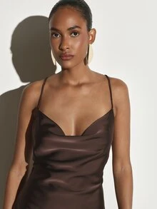 KSTM Satin Cowl Neck Maxi Slip Dress With Thin Straps Elegant A-Line Silhouette Holiday Evening Gown - Coffee Brown - View 3