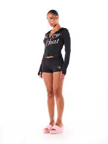 BABYPHAT Logo Script Print Lace Waistband Boy Shorts Mini Hot Pants With Rhinestone Cat Motif Detail - Black - View 3