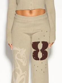 SUMWON WOMEN Oversized Wide Leg Knit Pants With Intarsia Number Print Gold Stud Embellishments Script Graphic Ribbed Waistband Fall Winter Casual Style - Grey - View 3
