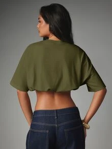 MISSGUIDED Oversized Boxy Crop Tee Short Sleeve Round Neck Relaxed Fit Casual Summer Top Midriff Bare Style - Dark Green - View 6
