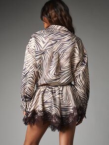 MISSGUIDED Zebra Print Satin Wide Leg Mini Shorts With Dark Lace Trim Hem Drawstring Elastic Waist Summer Festival Holiday Party - Multicolor - View 3