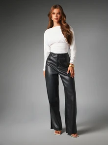 MISSGUIDED Celana Panjang Model High Rise Kulit Imitasi dengan Potongan Lebar dan Belahan Samping, Panjang Lurus, Cocok untuk Pesta Malam Musim Gugur dan Musim Dingin. - Putih - View 5
