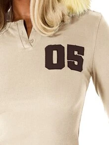 SUMWON WOMEN Ribbed Henley Long Sleeve Crop Top With Number 05 Applique Patch Detail V Notch Neckline Button Placket Fall Winter Casual Top - Khaki - View 2