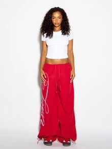 SUMWON WOMEN Wide Leg Loose Fit Casual Pants With Cursive Script Leg Print Low Rise Drawstring Waist Elastic Ankle Cuff Summer Street Style - Red - View 4