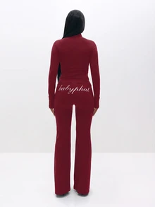 BABYPHAT Logo Zip-Front Mock Neck Long Sleeve Flare Leg Jumpsuit With Script Back Print And Cat Emblem Detail - Burgundy - View 6