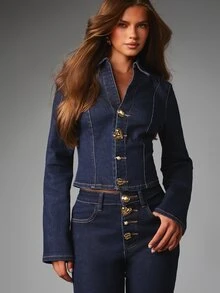 MISSGUIDED Dark Wash Denim Cropped Jacket With Gold Heart Buttons Collared Neck Bell Sleeves Fitted Silhouette Spring Summer Outerwear Party - Navy Blue - View 1