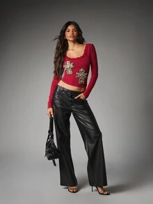 MISSGUIDED Jeweled Cross Applique Scoop Neck Long Sleeve Crop Top With Lace Trim Low Back Holiday Party Night Out Embellished - Red - View 4