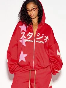 SUMWON WOMEN SWMN WMNS Hoodie Full-Zip Ukuran Besar dengan Cetakan Grafis Bintang dan Api dalam Huruf Katakana Jepang, Lengan Panjang, Pakaian Jalanan - Merah - View 1