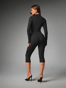 MISSGUIDED Collared Long Sleeve Cropped Jumpsuit With Keyhole Cut-Out Detail Ribbed Knit Form-Fitting One-Piece Party Night Out Style - Black - View 2