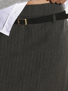 KSTM Charcoal Pinstripe Maxi Pencil Skirt With Belt Detail Mid Rise Fitted Silhouette Tailored Workwear Fall Winter Office Style - Grey - View 6