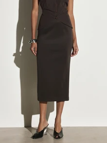 KSTM Chocolate Brown High Rise Pencil Midi Skirt Bodycon Fitted Silhouette Below Knee Length Tailored Office Work Party - Brown - View 2