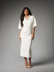 MISSGUIDED Gaun midi model sheath berkerah V dengan lengan pendek longgar dan belahan belakang, gaya elegan untuk kerja di kantor, musim semi dan musim panas. - Putih - View 5