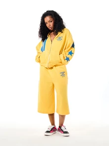 SUMWON Oversized Full Zip Hoodie With Star Sleeve Print And Contrast Stripe Detail Casual Streetwear Top Winter - Yellow - View 3
