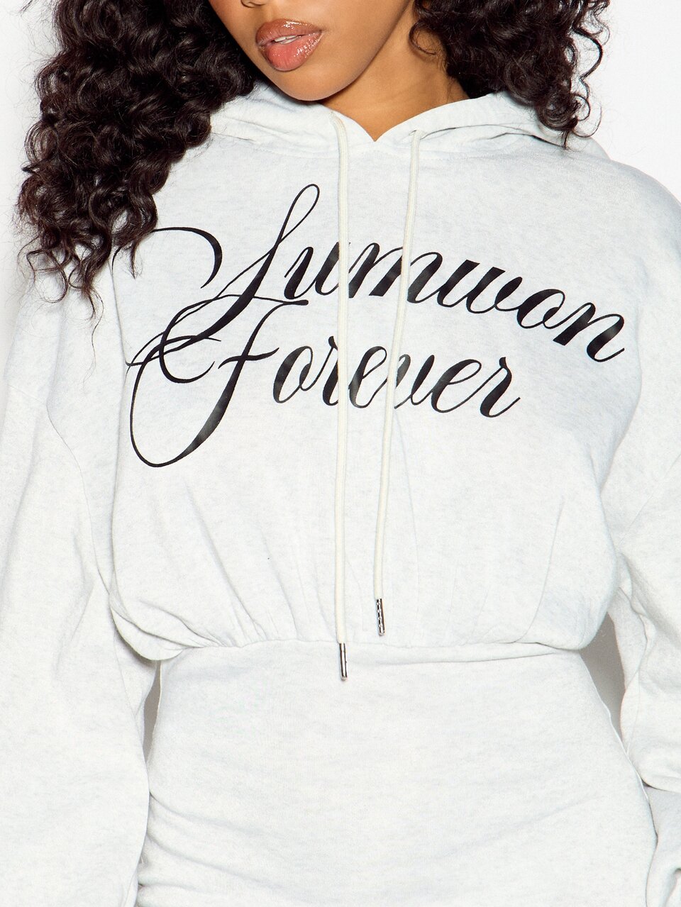 SUMWON WOMEN Oversized Forever Script Print Hooded Sweatshirt Mini Dress With Elastic Waist Long Sleeve Pullover Hood Drawstring Casual Winter