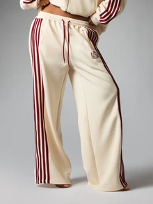 BABYPHAT Wide Leg Track Pants With Burgundy Side Stripe Panel Snap Button Detail Drawstring Waist And Embroidered Sheild Logo - Apricot - View 4