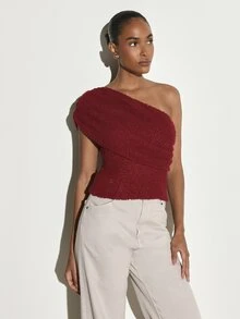 KSTM One-Shoulder Fuzzy Boucle Crop Top With Puff Sleeve And Asymmetric Neckline Perfect For Fall Winter Date Night - Red - View 1