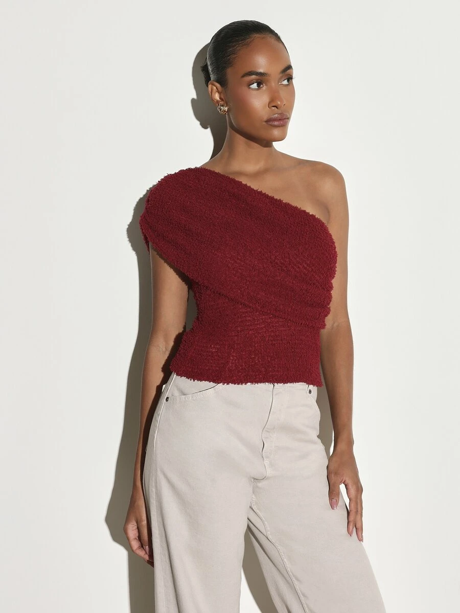 KSTM One-Shoulder Fuzzy Boucle Crop Top With Puff Sleeve And Asymmetric Neckline Perfect For Fall Winter Date Night - Red - View 1