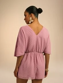 Dancing Leopard Pink Plunge Neck Batwing Sleeve Short Jumpsuit, Gathered Waist Floaty Boho Outfit - Dusty Pink - View 2