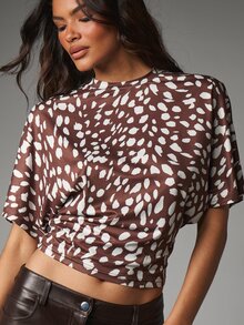 MISSGUIDED Chocolate Brown Animal Print Satin Crop Top High Neck Short Sleeve Ruched Hem Boxy Fit Summer Party Night Out - Multicolor - View 4