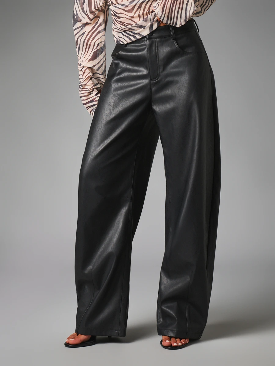 MISSGUIDED Faux Leather High Rise Wide Leg Pants Full Length Smooth Finish Side Pockets Tailored Silhouette Fall Winter - Black - View 1