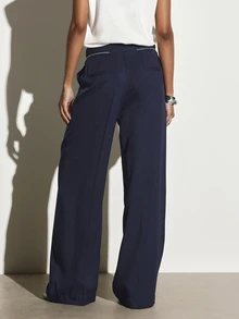 KSTM Wide Leg High Rise Dress Pants With Zip Pocket Detail Tailored Formal Trouser Full Length Palazzo Style Spring Summer Office Wear - Navy Blue - View 4