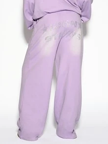 SUMWON WOMEN Rhinestone Embellished Wide Leg Casual Pants With Washed Effect And Icon Status Bum Print Perfect For Streetwear And Festival Season - Baby Pink - View 1