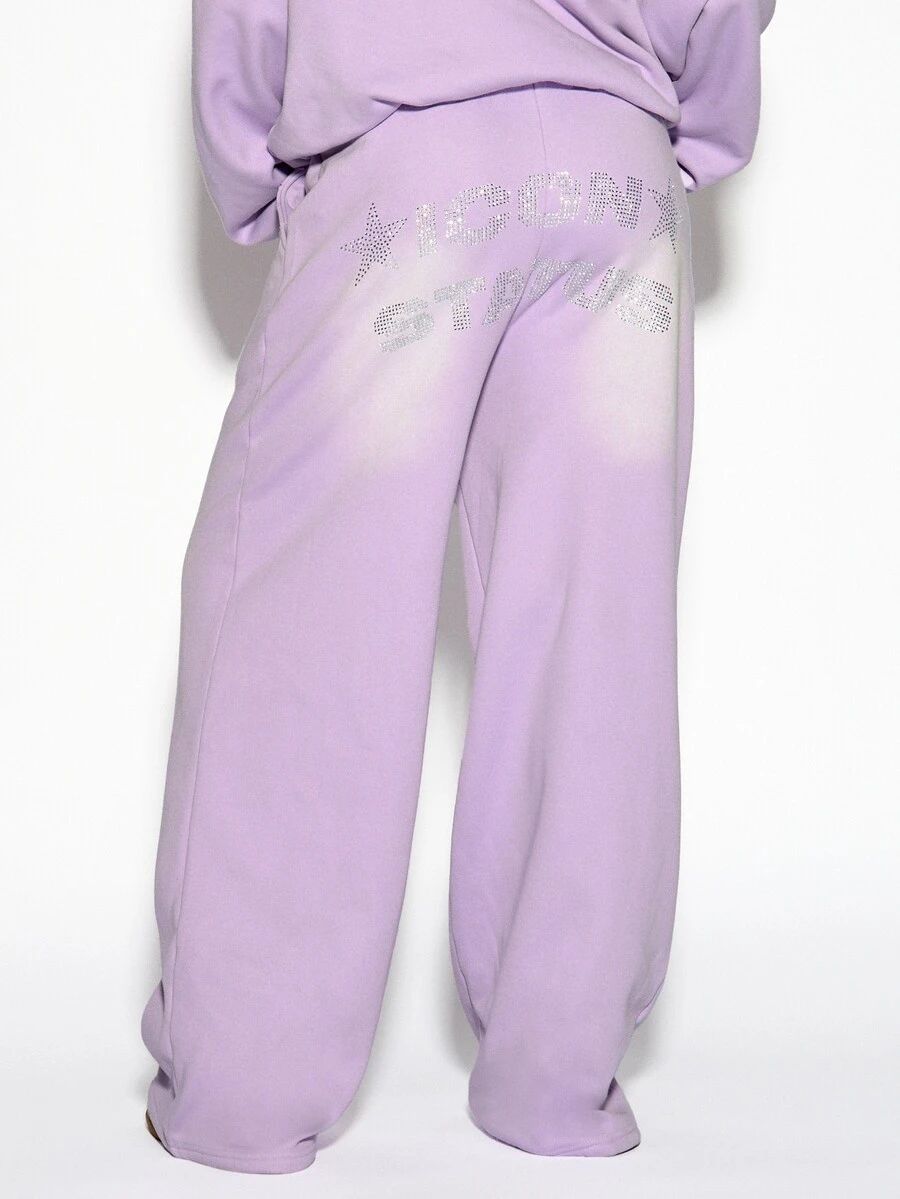 SUMWON WOMEN Rhinestone Embellished Wide Leg Casual Pants With Washed Effect And Icon Status Bum Print Perfect For Streetwear And Festival Season - Baby Pink - View 1