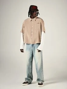 SUMWON Plaid Short Sleeve Boxy Crop Button Down Shirt With Eagle Sheild Back Graphic Print And Chest Pocket - Khaki - View 3