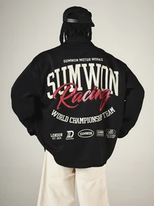SUMWON Racing World Championship Team Oversized Button-Up Shirt With Chest Pockets And Bold Back Graphic Print - Black - View 1