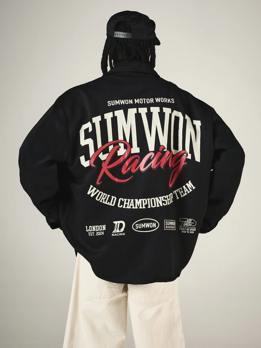SUMWON Racing World Championship Team Oversized Button-Up Shirt With Chest Pockets And Bold Back Graphic Print - Black - View 1
