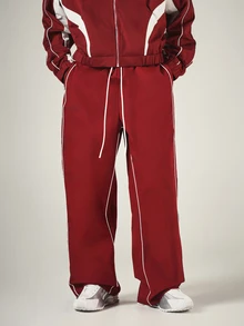 SUMWON Wide Leg Track Pants With White Contrast Piping And Drawstring Waist Perfect For Casual Everyday Wear And Weekend Outings - Burgundy - View 4