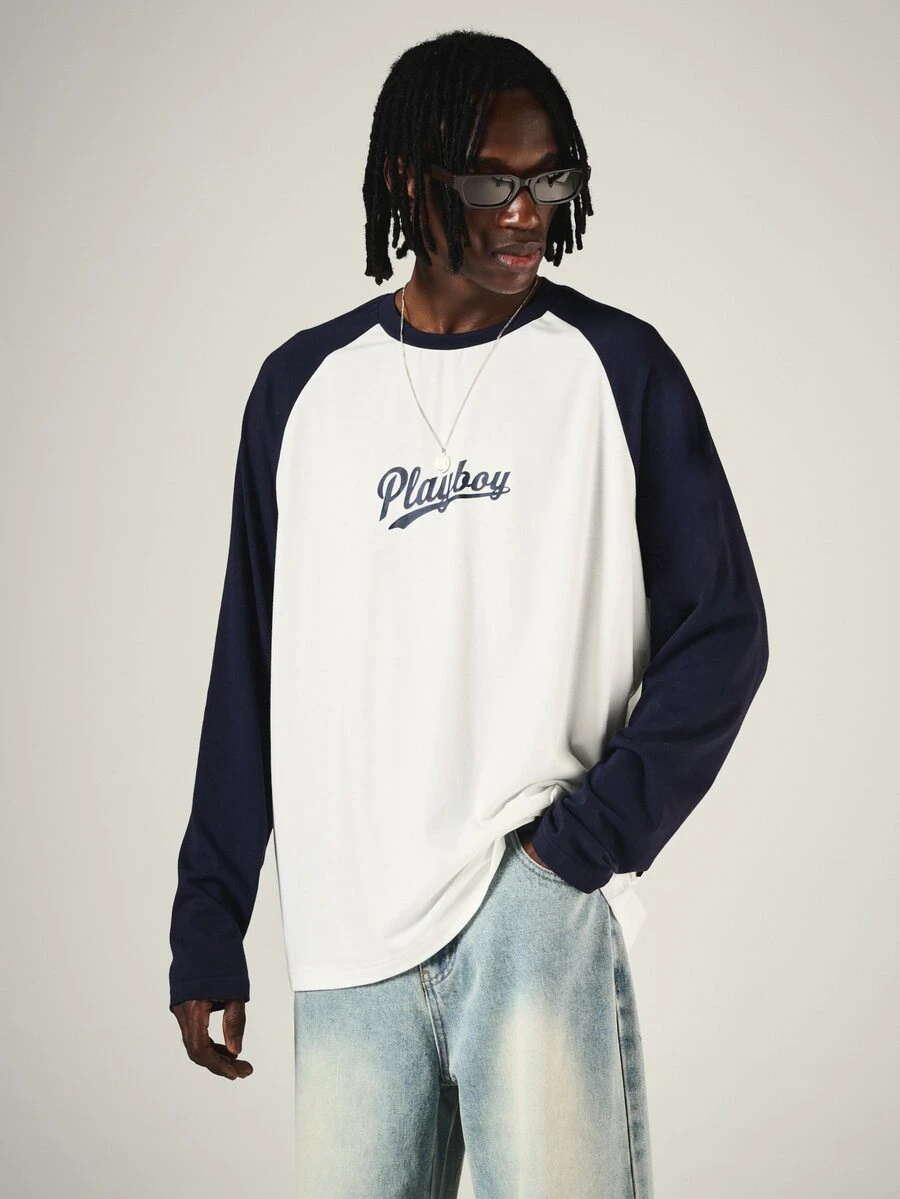 PLAYBOY X SUMWON Script Logo Chest Print Raglan Long Sleeve Crew Neck Color Block Oversized Baseball Tee - Multicolor - View 1