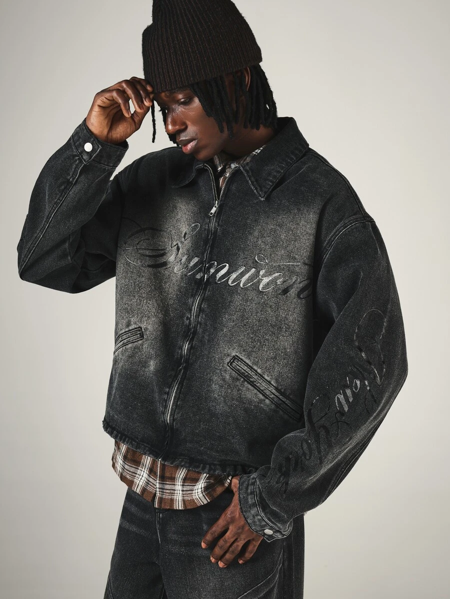 SUMWON Oversized Washed Denim Trucker Jacket With Zip Closure Embroidered Script Logo Vintage Wash Hip Length Long Sleeve Fall Winter Outerwear - Grey - View 1