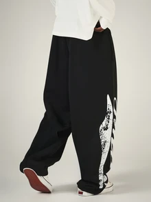 SUMWON Wide Leg Black Sweatpants With Oversized Graffiti Script Leg Print Drawstring Waist Casual Streetwear Jogger Pants - Black - View 2