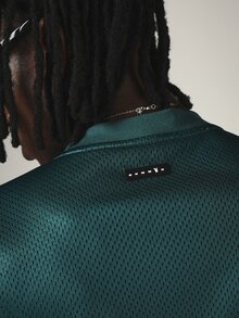 PLAYBOY X SUMWON Oversized Mesh Jersey Top With V-Neck Short Sleeve And Contrast Piping Script Logo Print For Summer - Dark Green - View 6