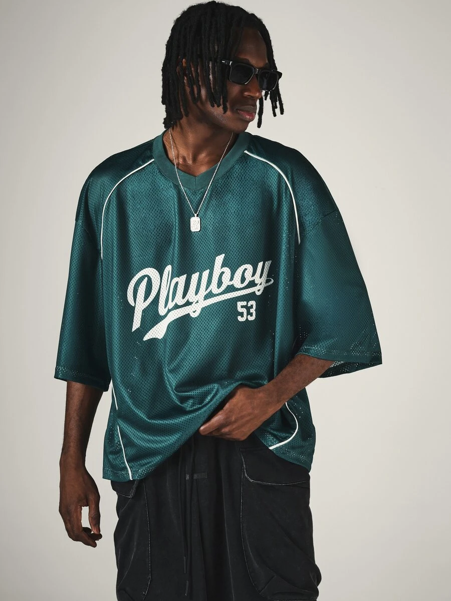 PLAYBOY X SUMWON Oversized Mesh Jersey Top With V-Neck Short Sleeve And Contrast Piping Script Logo Print For Summer - Dark Green - View 1