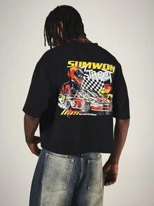 SUMWON Street Racing Graphic Oversized Crew Neck T-Shirt With Large Back Print And Yellow Logo Detail - Black - View 1