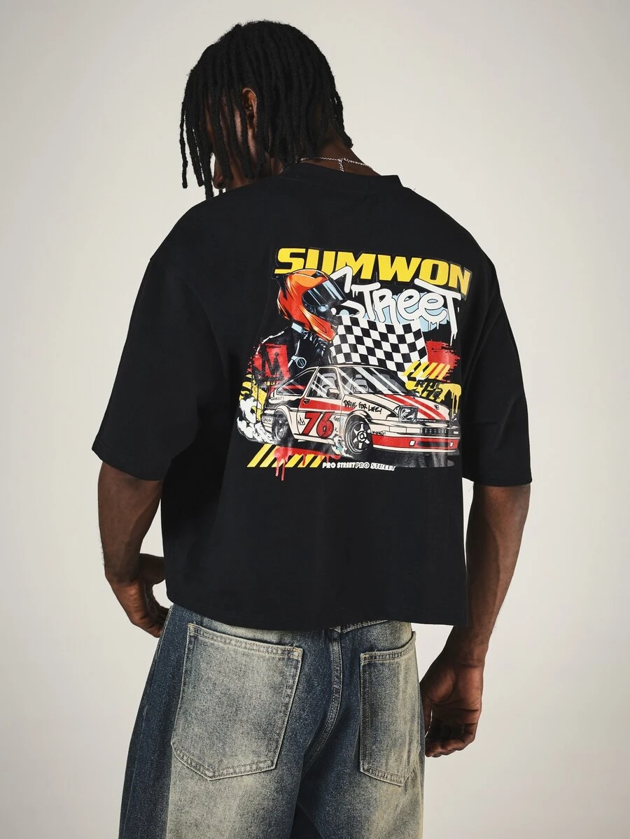SUMWON Street Racing Graphic Oversized Crew Neck T-Shirt With Large Back Print And Yellow Logo Detail - Black - View 1