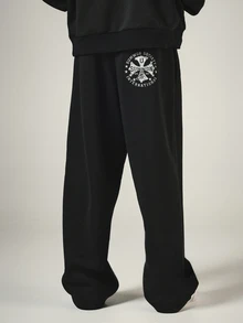SUMWON Society International Wide Leg Sweatpants With Drawstring Waist And Oversized Graphic Back Print Fleece Loungewear - Black - View 2