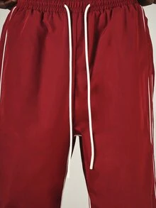 SUMWON Wide Leg Track Pants With White Contrast Piping And Drawstring Waist Perfect For Casual Everyday Wear And Weekend Outings - Burgundy - View 5