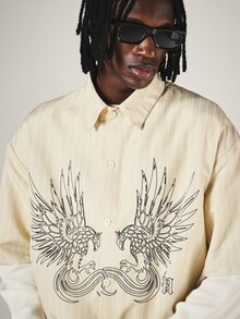 SUMWON Cream Pinstripe Boxy Short Sleeve Button-Up Shirt With Dual Phoenix Graphic And Logo Print On Front - Apricot - View 3