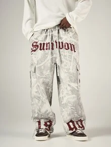 SUMWON Wide Leg Cargo Denim Jeans With Old English Text Print And Bleached Washed Botanical Pattern For Men Fall Winter - Multicolor - View 1