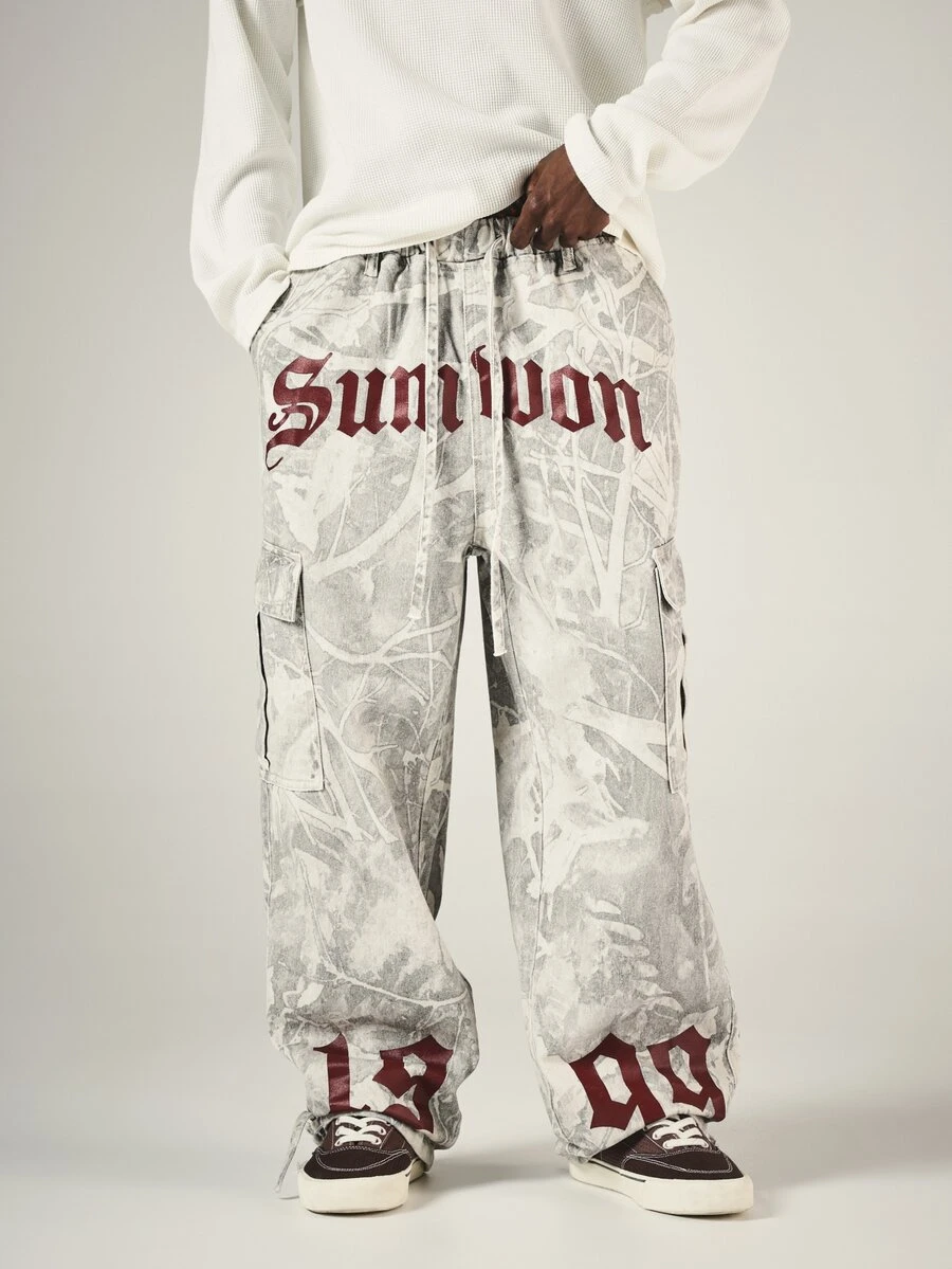SUMWON Wide Leg Cargo Denim Jeans With Old English Text Print And Bleached Washed Botanical Pattern For Men Fall Winter - Multicolor - View 1