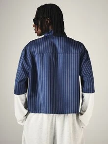 SUMWON New York Pinstripe Cropped Button-Up Shirt With Distressed Logo Print Boxy Fit Short Sleeve Summer Style - Navy Blue - View 2