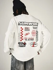 SUMWON Racing Graphic Long Sleeve Oversized Crew Neck Tee With Full Back Multi-Color Print And Chest Logo Detail - White - View 1
