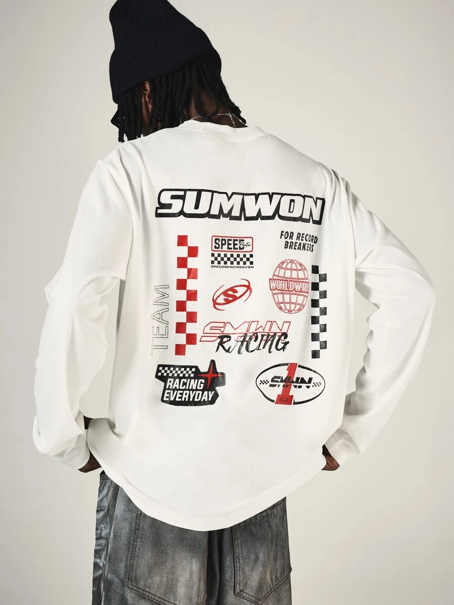 SUMWON Racing Graphic Long Sleeve Oversized Crew Neck Tee With Full Back Multi-Color Print And Chest Logo Detail - White - View 1