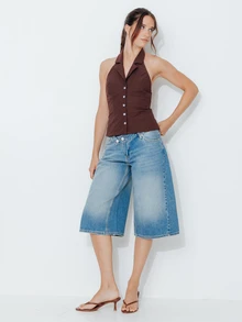 Pimkie Edition Women's Solid Color Single-Breasted Fashion Halter Neck Blouse - Mocha Brown - View 4