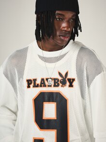 PLAYBOY X SUMWON Bunny Number 9 Mesh Overlay Oversized Sweatshirt Crew Neck Long Sleeve Jersey Style Graphic Top - White - View 4