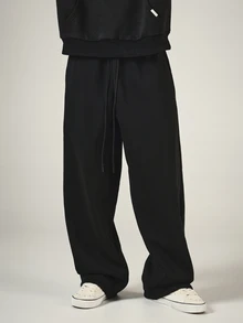 SUMWON Society International Wide Leg Sweatpants With Drawstring Waist And Oversized Graphic Back Print Fleece Loungewear - Black - View 4