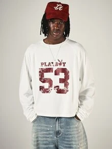 PLAYBOY X SUMWON Bunny Logo Cropped Long Sleeve Tee With Varsity Number 53 Distressed Graphic Print Crew Neck Boxy Fit Top - White - View 1